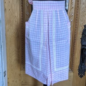 Vintage Pink Gingham Pleated and Lace Half Apron